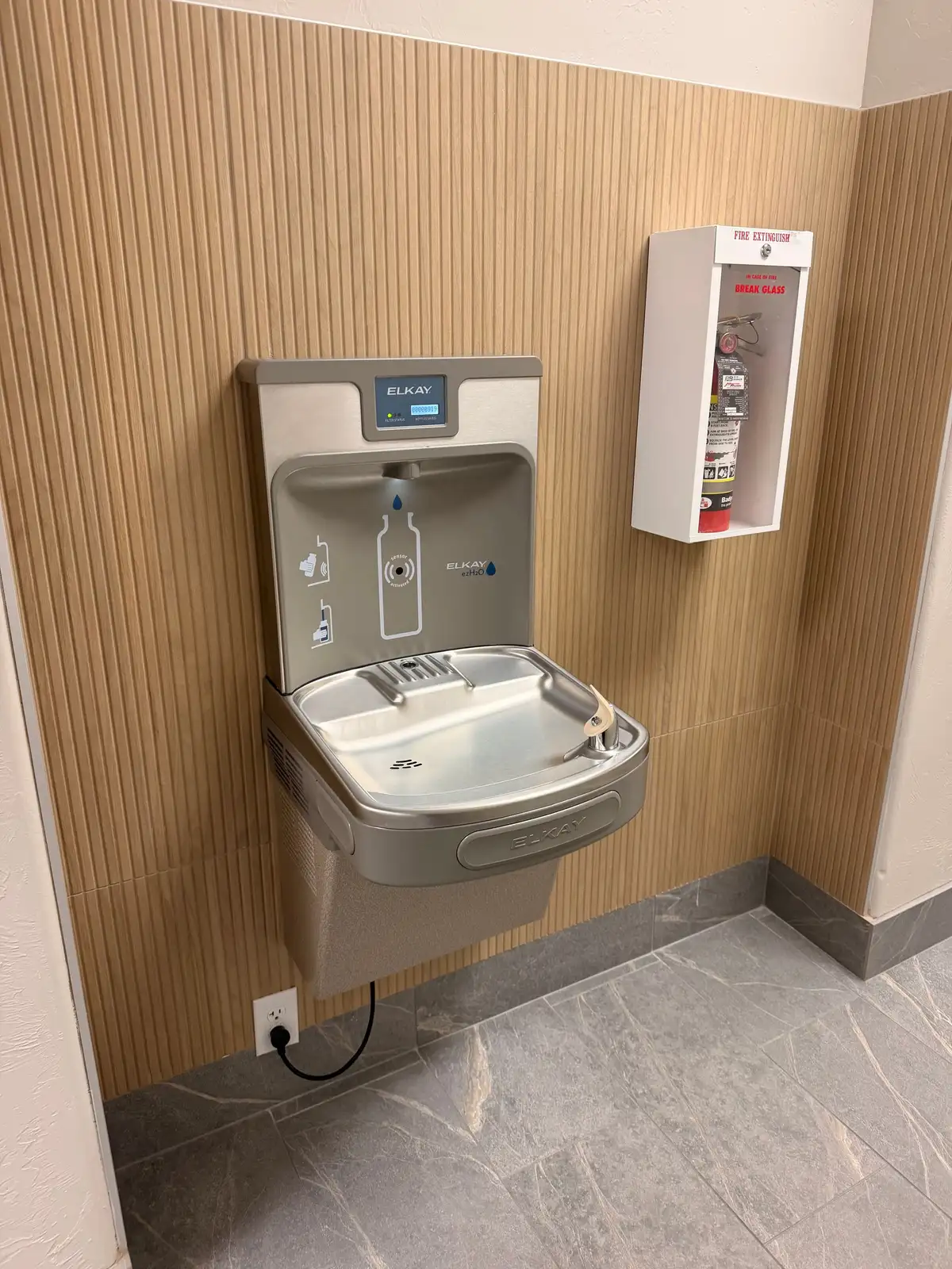 Elkay bottle filling station and ADA drinking fountain installed and plumbed by Mainline Plumbing in a South Bay commercial building