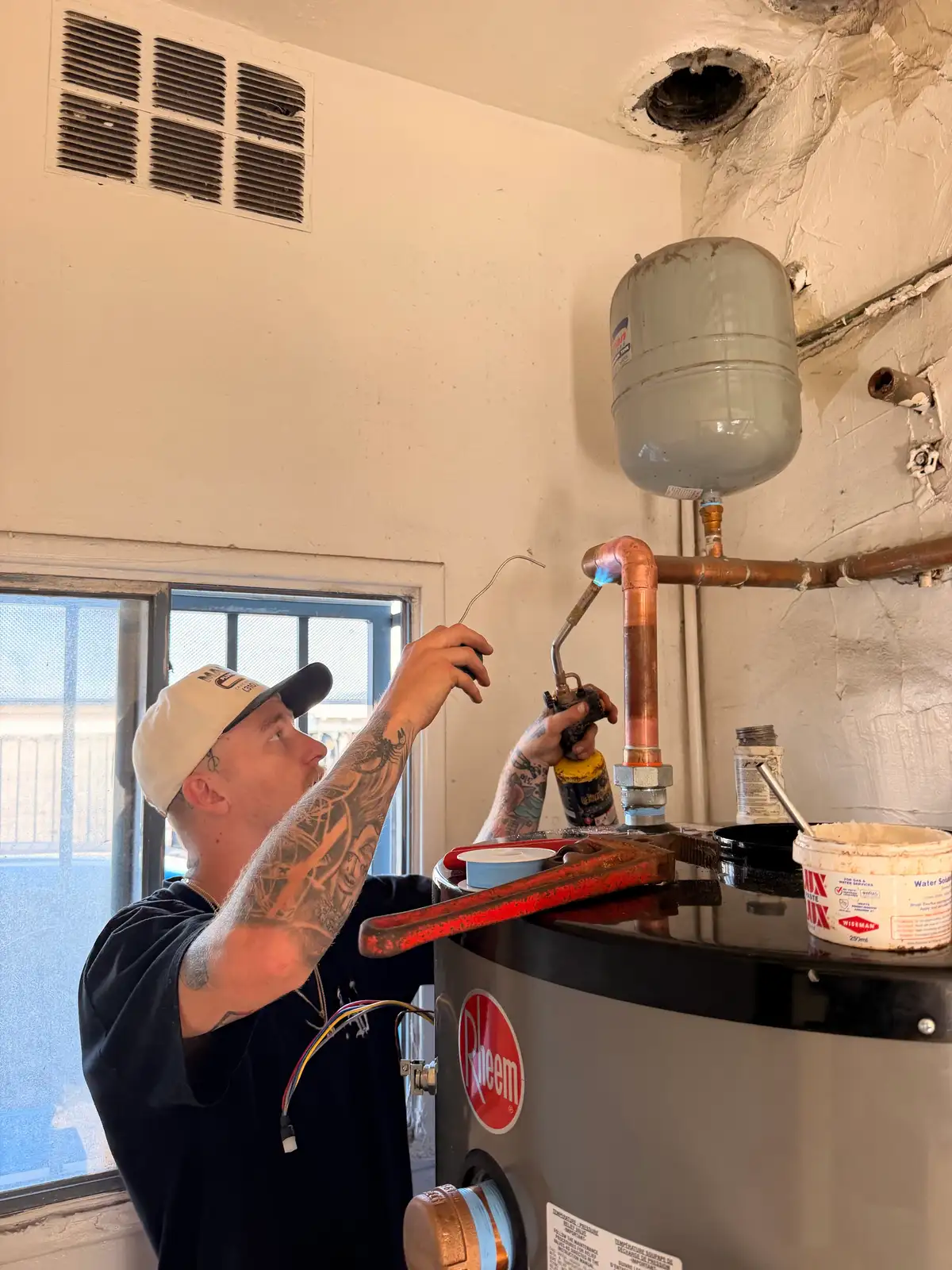 Water heater with expansion tank and supply connections at the top of the unit