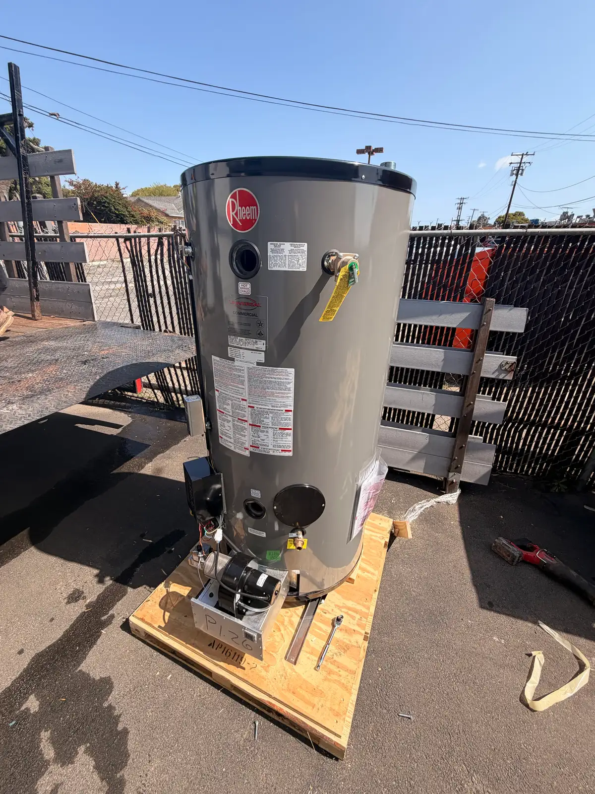 New Rheem water heater delivered on site for a replacement