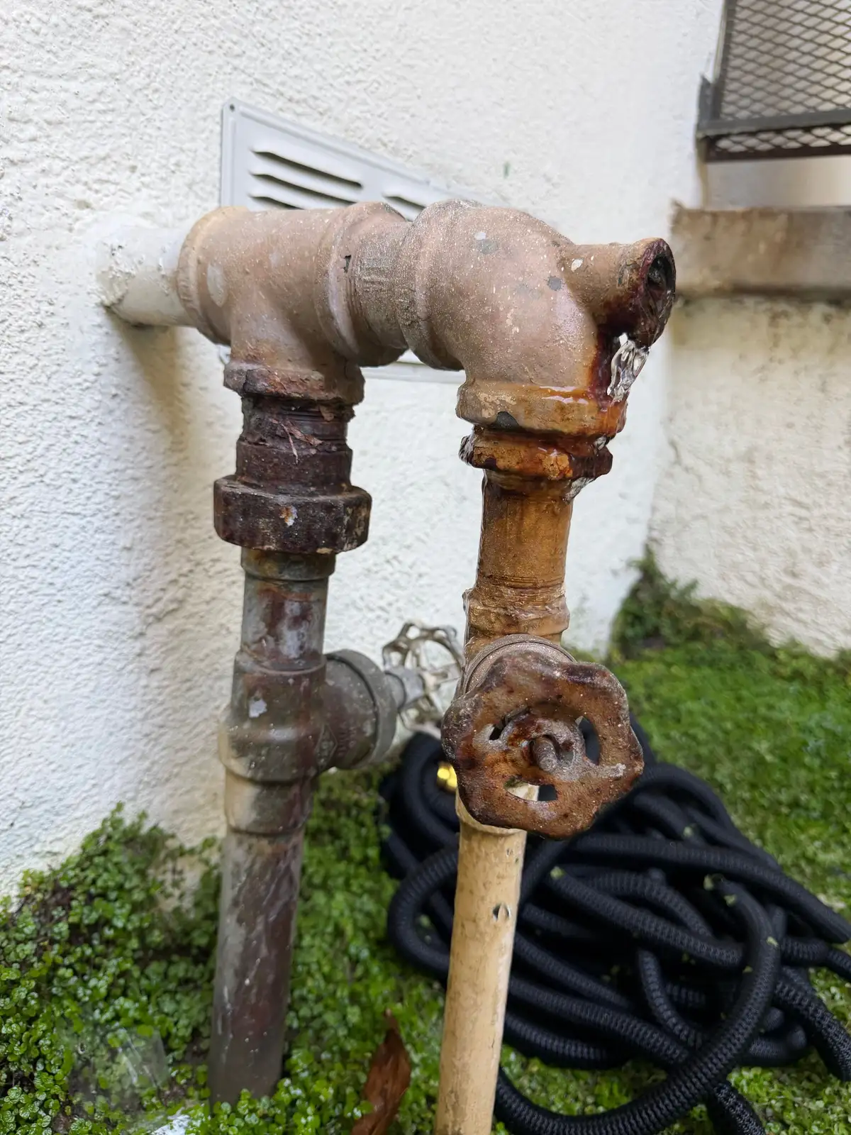 Original galvanized supply pipe corroded through and leaking at the threaded joint