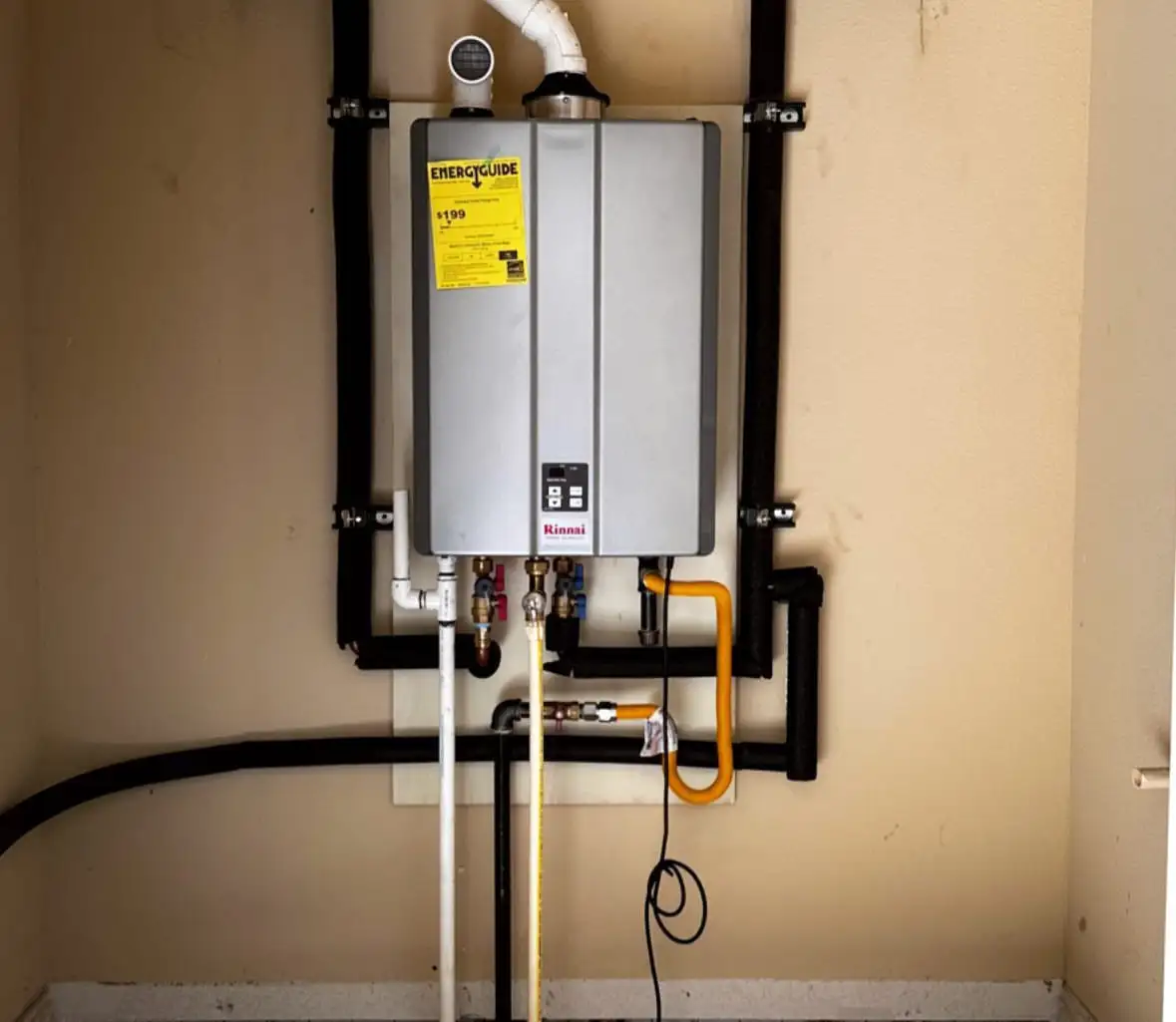 Rinnai tankless water heater wall-mounted in a utility closet, with a PVC vent run to the ceiling, foam-insulated hot and cold lines, red and blue isolation valves with service ports beneath the unit, and a yellow flexible gas connector
