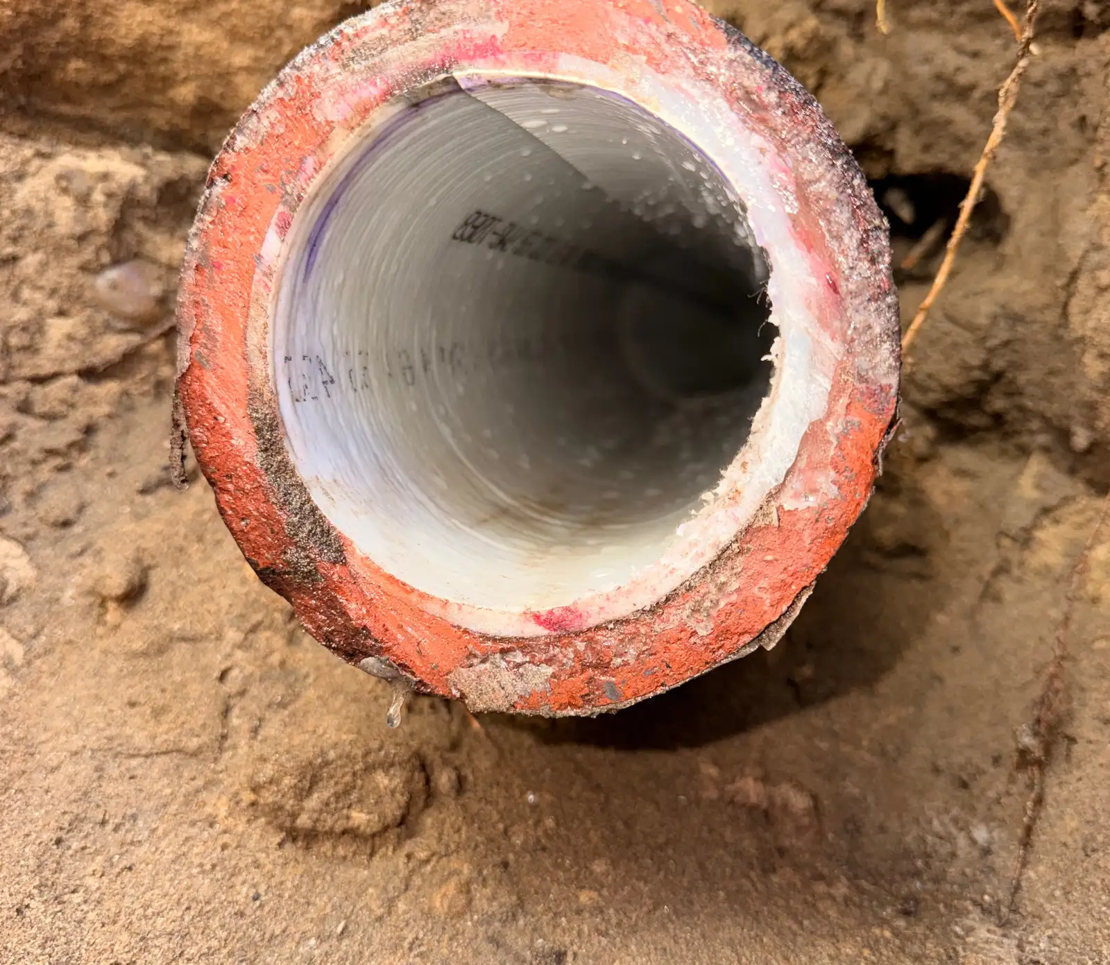 Cured CIPP liner fitted tight inside the end of an old sewer pipe exposed in a Mainline access pit